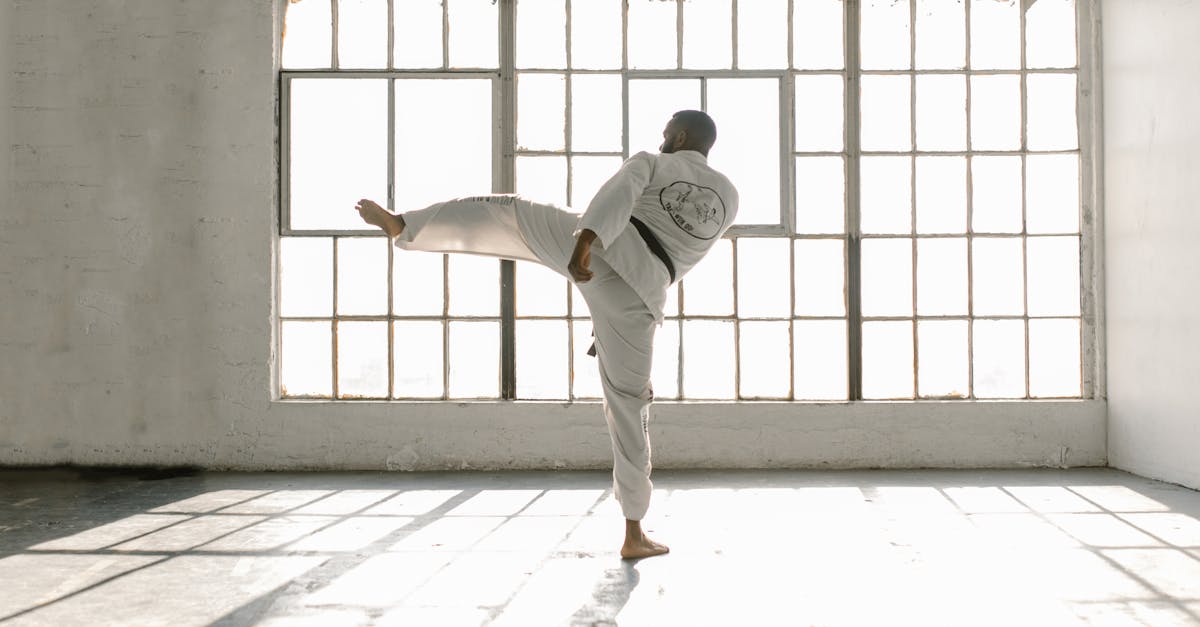 A martial artist performs a high kick in a sunlit room, showcasing strength and focus.