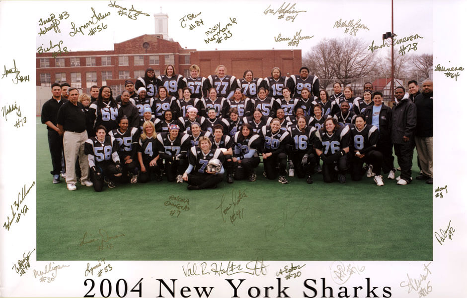 New York Sharks Professional Woman's Football team photograph. Dr. Gerrard at Aquarius Chiropractic treats football players.