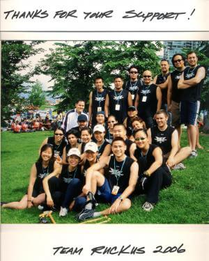 Ruckus dragon boating team photograph. Aquarius Chiropractic treats paddlers.